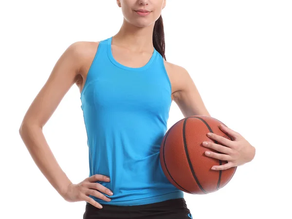 Vrouw Met Een Basketbal Haar Handen Een Witte Achtergrond — Stockfoto