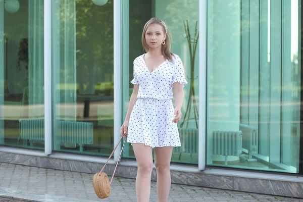 Junge Schöne Frau Einem Kleid Posiert Freien — Stockfoto