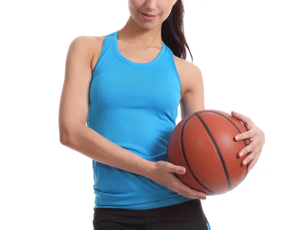 Жінка Баскетболом Руках Білому Тлі — стокове фото