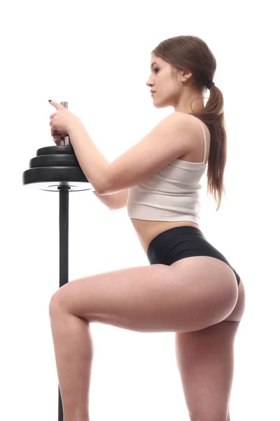 Jong Atletisch Vrouw Poseren Met Een Lange Halter Witte Achtergrond — Stockfoto