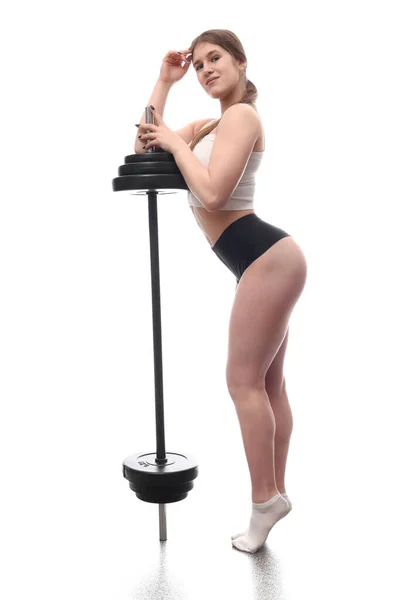 Femme Sportive Souriante Faisant Exercice Avec Haltère Sur Fond Blanc — Photo