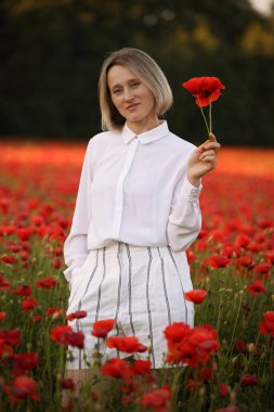 Gelincik tarlasında güzel bir kadın.