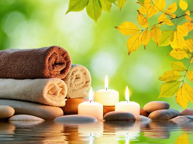 Havlular, mumlar, taşlar, yeşil arkaplan ile rahatlatıcı spa sahnesi