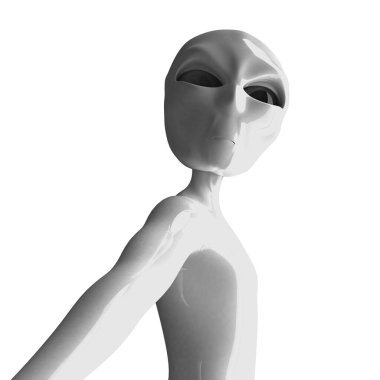 Beyaz arka planda izole edilmiş bir uzaylı. 3B görüntüleme