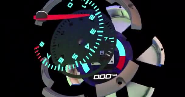 Yarış Arabası Konsolu Limitleri Zorluyor Takometreci Şeffaf Arkaplanda Boyutlu Animasyon — Stok video