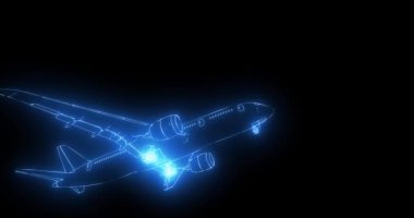 Modern bir uçak karanlık bir arka planda uçuyor. Neon 3D görüntüleyici