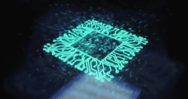 Altın çizgileri olan bir devre kartında duran kuantum işlemcisi. Bu işlemci gelişmiş teknolojiyi ve yapay zekayı sembolize ediyor, bilgisayarın geleceğini gösteriyor. Üç Boyut