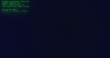 3 boyutlu animasyon ekranda yazılan kod satırlarını gösteriyor. Kod TensorFlow ve Keras kütüphaneleri kullanılarak bir sinir ağı modeli oluşturulması ve eğitilmesi ile ilgilidir. Metin satır satır görünür