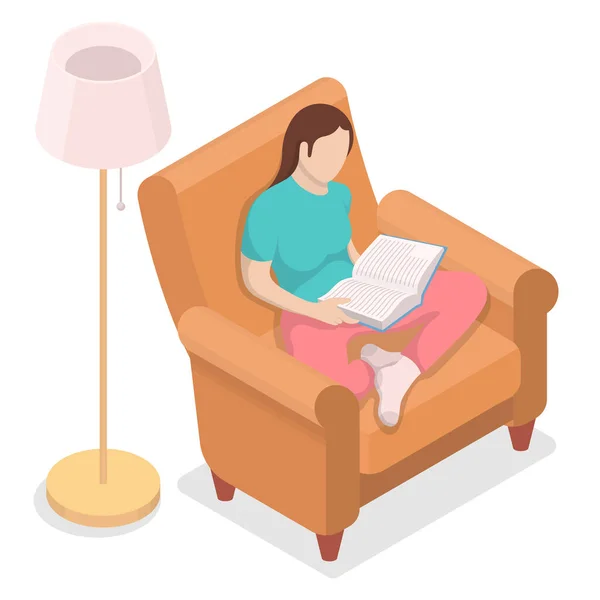 Mädchen Beim Lesen Eines Buches Bequem Auf Einem Stuhl Sitzend — Stockvektor