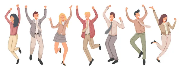 Счастливые Бизнесмены Радуются Прыгают Векторными Иллюстрациями Радости Веселые Сотрудники Празднуют — стоковый вектор