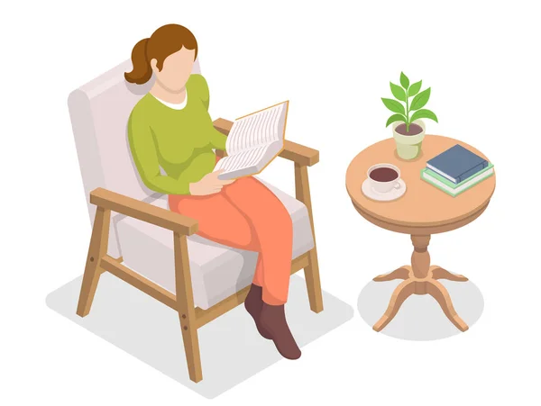 少女は丸いテーブルの近くの椅子に座って本を読んでいる 等方ベクトル図 — ストックベクタ