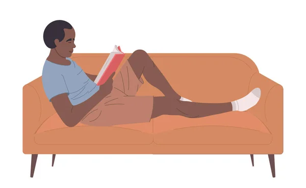 Homem Negro Relaxando Sofá Lendo Livro Educação Hobby Conceito Vetor —  Vetores de Stock