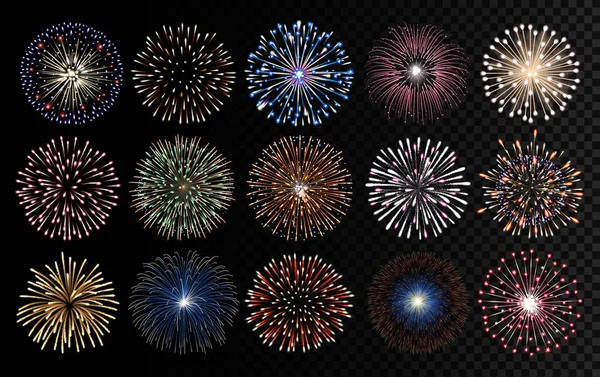 Fireworks Realistic Vector Illustration Celebrating Birthday New Year Decorations — Stock Vector