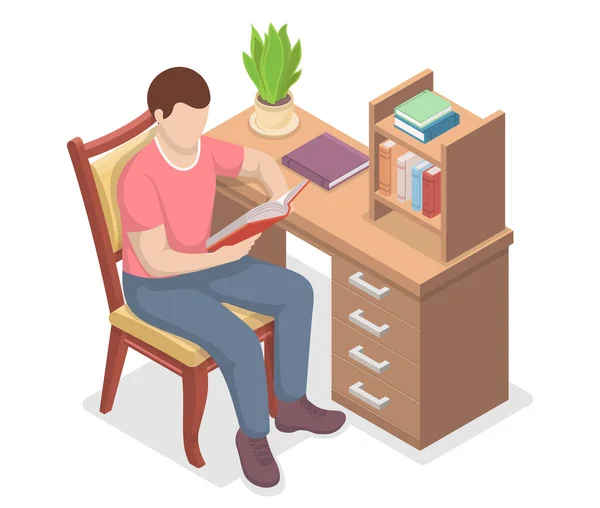 年轻人坐在椅子上看书 等量矢量 聪明的读者喜欢文学或学习 概念客厅 有书桌和书架 — 图库矢量图片
