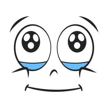 Gözyaşlarıyla gülümseyen çizgi film yüzü. Mutlu ifade vektör illüstrasyonu.