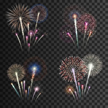 Groups of realistic fireworks isolated on transparent background. Vector illustration.