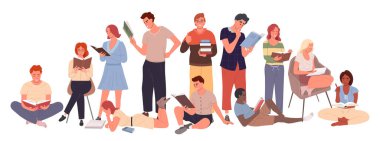 Group of people reading books. Literature fans vector flat illustration. Students studying and preparing for examination. 