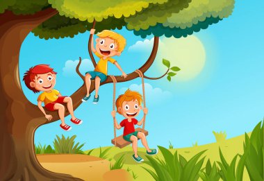 Parktaki bir ağaçta oynayan çocuklar. Küçük çocuklar ağaç dallarına tutunup salıncakta sallanıyor. Renkli çizgi film karakterleri