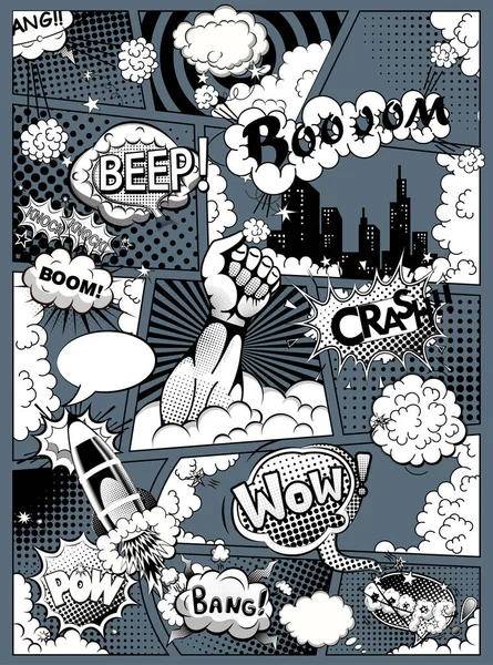 Układ Strony Komiksu Bańkami Mowy Rakietą Superbohaterem Efektami Dźwiękowymi Ciemnym — Wektor stockowy