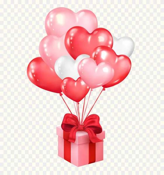 Heart Shaped Balloons Gift Box Flying Valentine Day Wedding Concept — Stock Vector