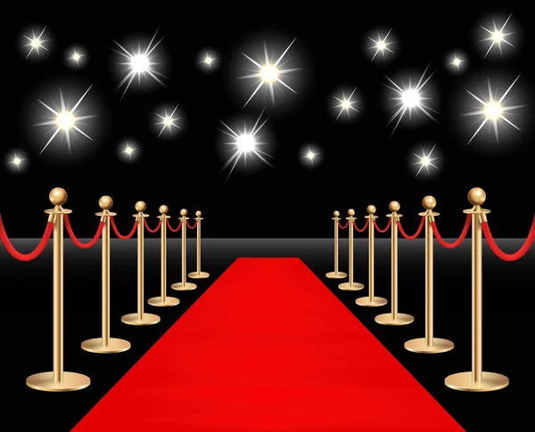 stock vector Red carpet and golden barriers with sparkling spotlights. Realistic fence with rope on black background. Vector illustration.