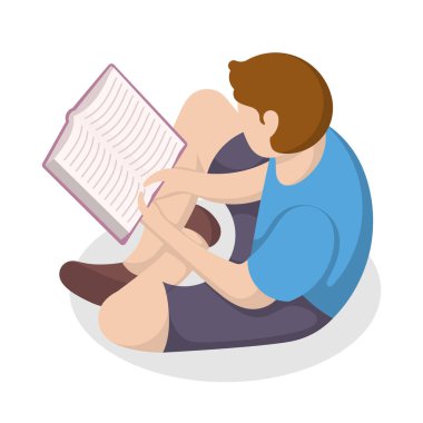Oturan ve izometrik kitap okuyan bir adam. Eğitim hobisi kavramı. Vektör illüstrasyonu 