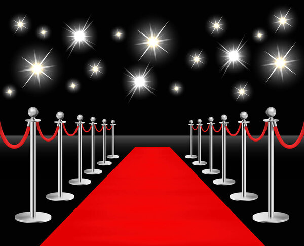 Серебристые барьеры с искрящимися прожекторами и красной ковровой дорожкой. Реалистичный забор с веревкой на черном фоне. Векторная иллюстрация.