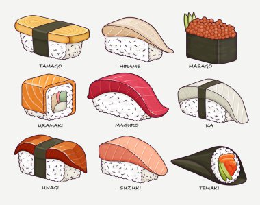 Sushi set of traditional Japanese food, featuring rolls, masago, uramaki, suzuki, tamago, hirame, unagi, temaki, maguro, and ika. clipart