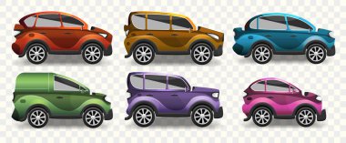 Çizgi film arabaları hazır. Sedan, SUV, pikap ve hatchback taksisi olan modern otomobiller izole edilmiş vektör