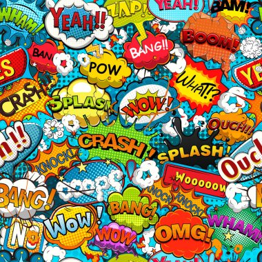 Renkli çizgi romanlar, konuşma baloncukları olan kusursuz desenler. Geçmişe dönük model. Vektör illüstrasyonu