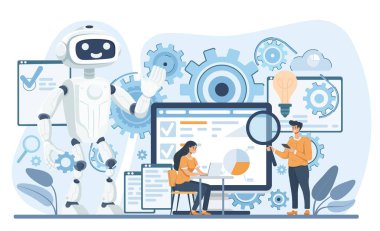 Robot işlem otomasyonu. Yapay zeka yenilik teknolojisi konsepti. Ai 'yi kullanarak iş dünyasının web pankartı. Vektör illüstrasyonu