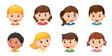 Çizgi film tarzında çocuk portreleri. Tatlı çocukların vektör illüstrasyonu.