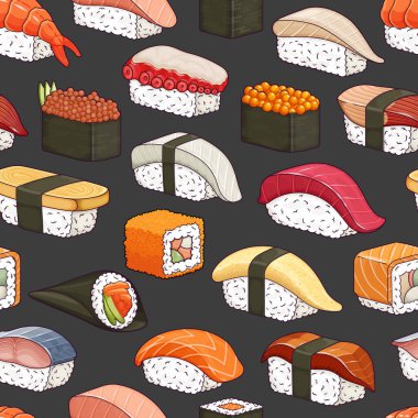 Suşi kusursuz desen. Geleneksel Japon yemek arkaplan vektörü illüstrasyonu