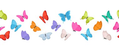 Renkli uçan kelebekler kusursuz bir sınır. Yaz böceği tasarım elementi. Beyaz arkaplanda vektör illüstrasyonu