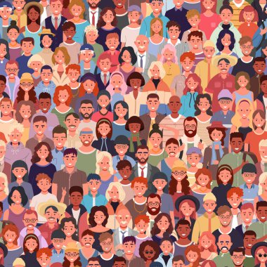 Geniş bir grup insanla kusursuz bir düzen. Çocuklar, gençler, yetişkinler ve çeşitli uluslardan yaşlılar. Farklı yaşlardan erkek ve kadınlar vektör illüstrasyonu.