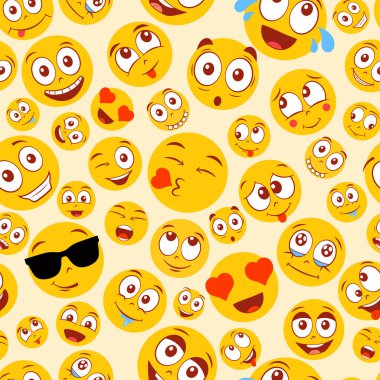 Renkli emoji deseni. Komik karikatür yüzlü kusursuz vektör arkaplanı