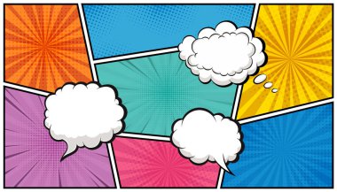 Boş diyalog baloncuklarıyla çizgi roman şablonu. Boş konuşma bulutlarıyla grafiksel bir düzen. Pop sanat vektörü arkaplan illüstrasyonu.