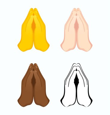 Çeşitli ten renklerinde katlanmış el simgesi. Dua et de emoji vektör çizimi yap. 