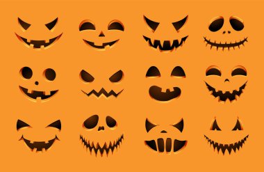 Cadılar Bayramı 'nın değişik kabak ifadeleri. Korkunç ve mutlu çizgi film vektör illüstrasyonuyla karşı karşıya