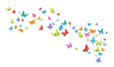 Uçan kelebek sürüsü. Renkli vektör tasarım elemanı. Dekorasyon için bahar ve yaz böcekleri.