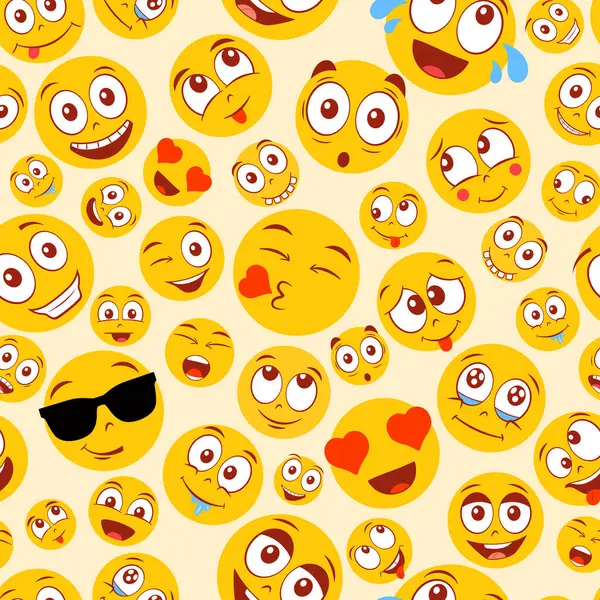 Renkli emoji deseni. Komik karikatür yüzlü kusursuz vektör arkaplanı
