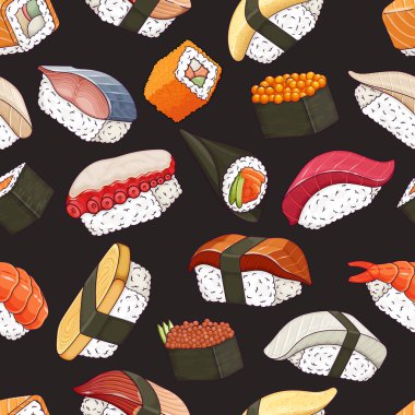 Geleneksel suşi kusursuz vektör deseni. Japon gıda arka plan tasarımı