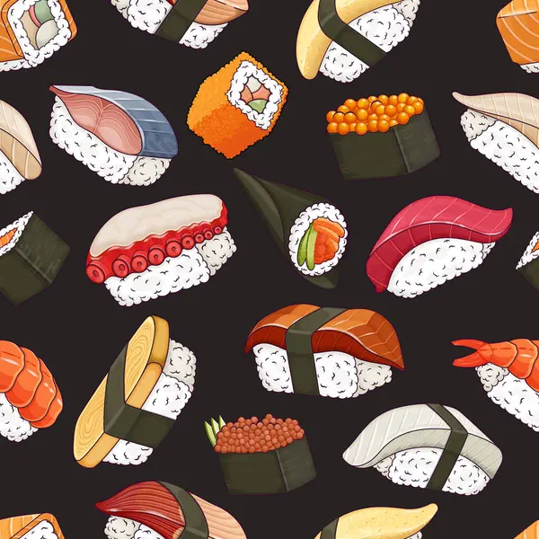 Geleneksel suşi kusursuz vektör deseni. Japon gıda arka plan tasarımı