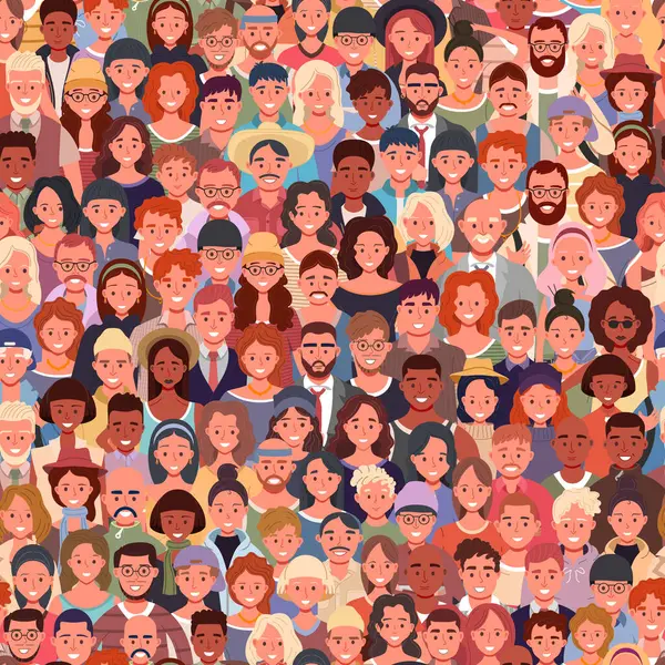 Çok ırklı insanlardan oluşan geniş bir kalabalık. Çocuklar, gençler, yetişkinler ve yaşlılar dahil. Farklı yaşlarda kadın ve erkeklerden oluşan bir grup. Vektör illüstrasyon tasarımı.