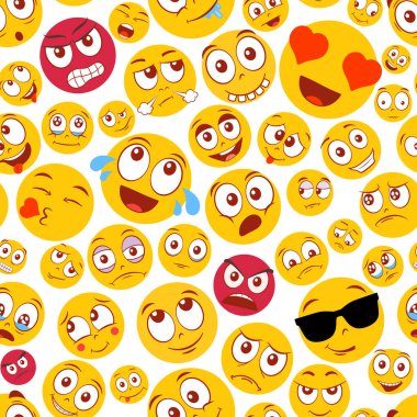 Renkli gülen yüz deseni ve çeşitli ifadeler vektör illüstrasyonu. Sevgi, neşe, öfke ve üzüntü gibi duyguların geniş bir yelpazesini gösteren oyuncu ve canlı bir arka plan..