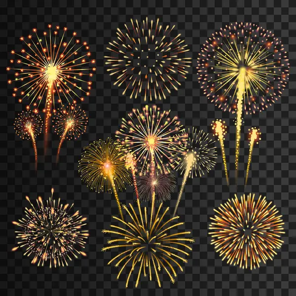 Şeffaf bir arkaplanda izole edilmiş parlak altın havai fişekler, kutlama ve şenlik tasarım unsurları için ideal. Vektör illüstrasyonu