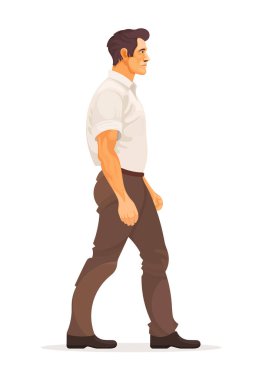 Yetişkin erkek yan profilde yürüyor, günlük iş kıyafetleri giyiyor, beyaz arka planda soyutlanmış. Vektör illüstrasyonu