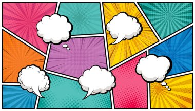 Renkli çizgi roman düzeni, boş konuşma ve geçmişe dönük pop sanatının arka planında düşünce kabarcıkları. Vektör illüstrasyonu