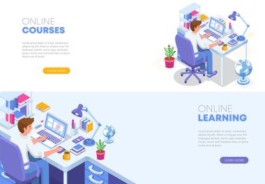 Vektör izometrik sahne, e-öğrenme, kurslar veya eğitim kavramları için ideal, modern bir masa düzeninde online okuyan bir adamı gösteriyor.