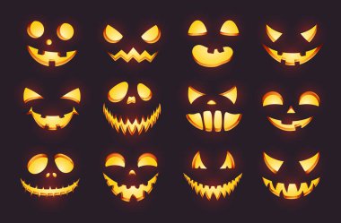 Karanlık arka planda çeşitli stillerde parlayan balkabağı yüzleri, Cadılar Bayramı tasarımları ve parti temaları için mükemmel. Vektör illüstrasyonu.